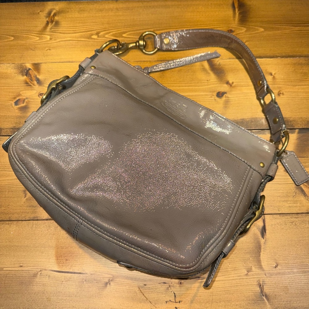 Coach Zoe 12735 Gray Patent Leather Shoulder Bag Brass Hardware Large Hobo Purse - Picture 2 of 12